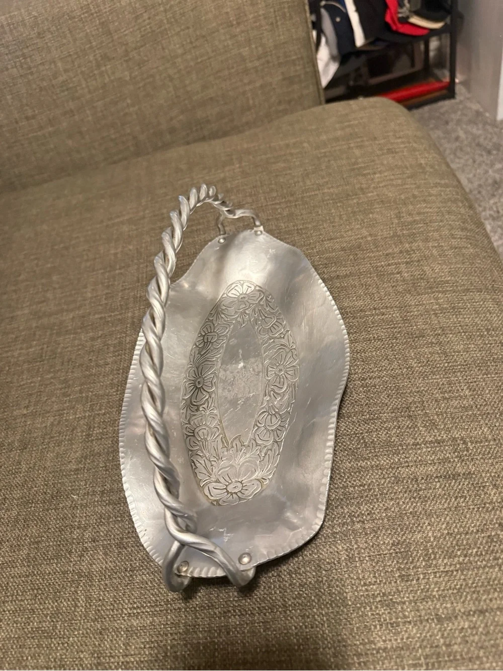Camper Silver Decorative Floral Metal Basket with Twisted Handle